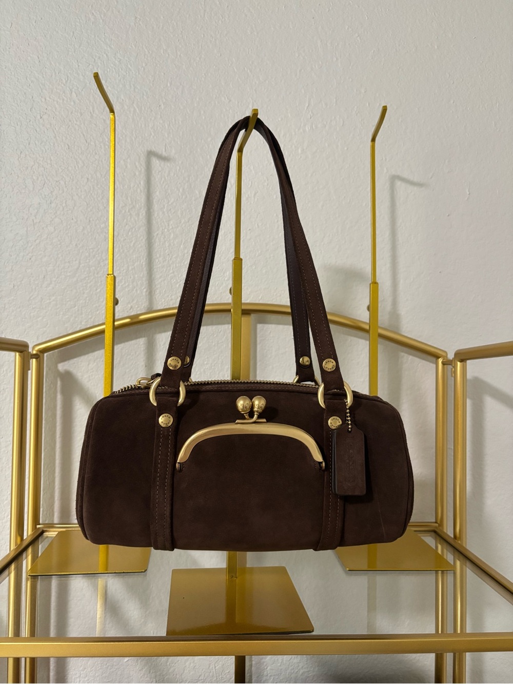 Coach chocolate suede barrel kiss lock shoulder bag